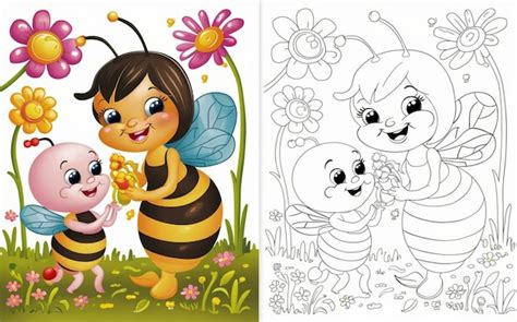 Página De Libro Para Colorear Para Niños De Abeja Bebé Y Su Abeja Madre