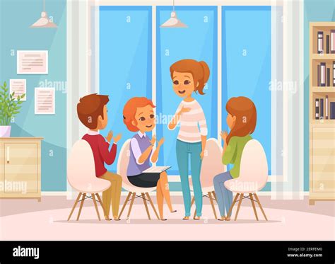 Colored cartoon group therapy composition with four children talk on group therapy vector ...