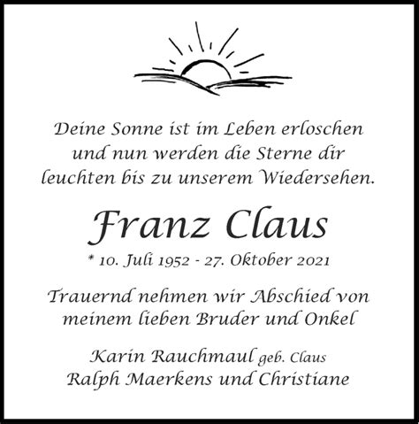 Traueranzeigen Von Franz Claus Aachen Gedenkt