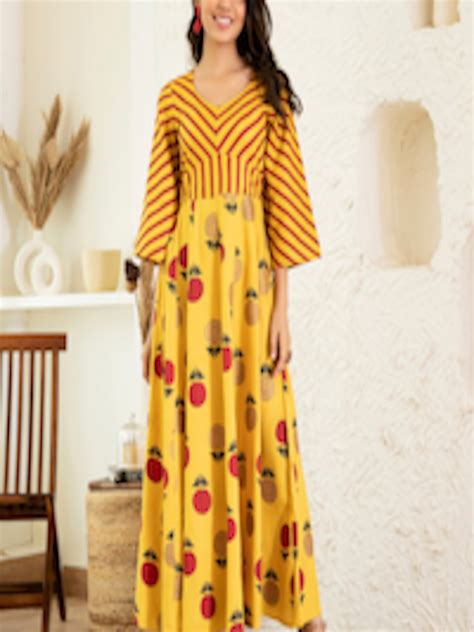 Buy Rustorange Floral Foil Printed Maxi Fit And Flare Ethnic Dress