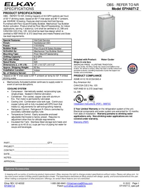 Fillable Online SPECIFICATIONS OBS REFER TO NR Model EFHA8T1Z Fax