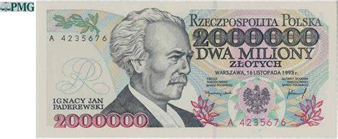 Banknot PRL Banknot 2 miliony złotych 1993 Paderewski seria A PMG 66