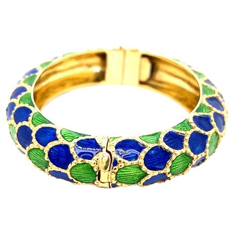 Tiffany Schlumberger Gold Blue Enamel Spiked Bangle Bracelet For Sale