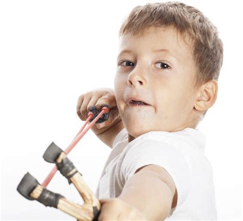 Little Cute Angry Real Boy With Slingshot Stock Photo Image Of