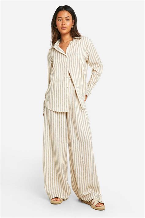 Stripe Linen Look Wide Leg Trousers Boohoo Uk