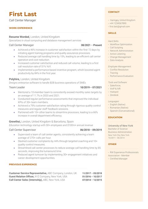 Call Center Manager Resume Examples For 2025 Resume Worded