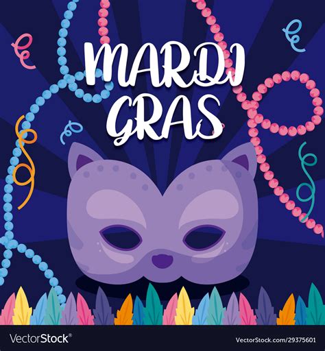 Mardi gras cat mask with necklaces and feathers Vector Image