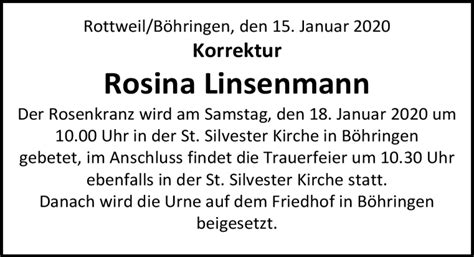 Traueranzeigen von Rosina Linsenmann Schwarzwälder Bote Trauer