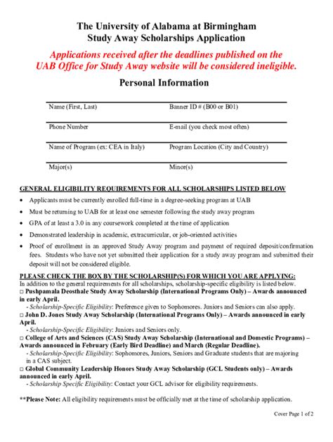 Fillable Online Uab Abroadoffice Study Away Scholarship Application Pdf