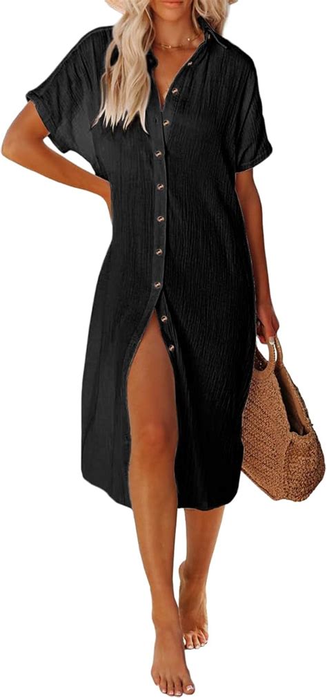 UMIPUBO Women Beach Cover Ups Casual Short Sleeve Beachwear Swimsuit Bikini Cover Up Button Down