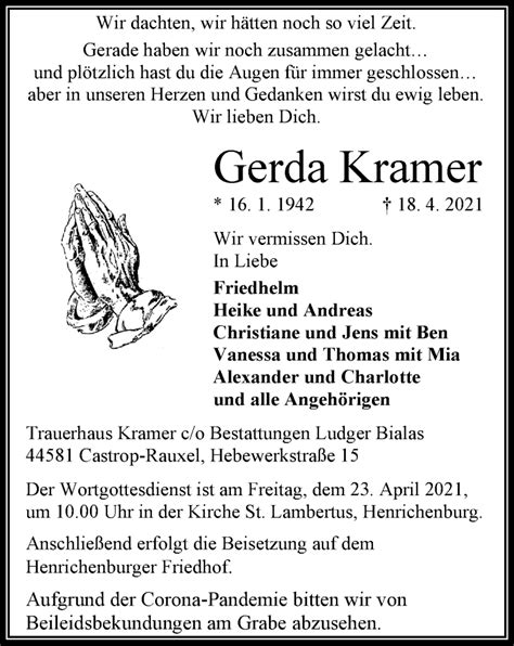 Traueranzeigen Von Gerda Kramer Trauer In Nrw De