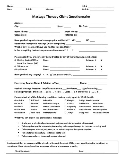 Massage Therapy Client Questionnaire In Word And Pdf Formats