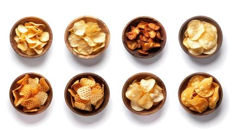 Different Types Of Chips In Bowls On A White Background Premium Ai