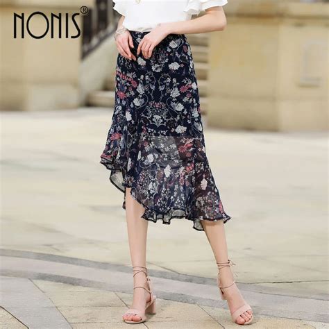 Nonis Elegant Fancy Flower Print Skirt Women Elastic High Waist Irregular Chiffon Skirt Summer