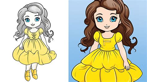 Cute Cartoon Brunette Doll In Yellow Drwss Outlined And Color For Coloring Book Background Girl