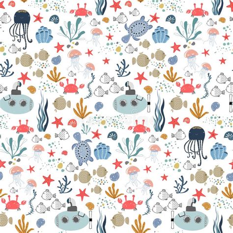 Underwater Seamless Pattern Seaworld Background With Cute Marine Life