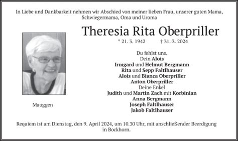 Traueranzeigen Von Theresia Rita Oberpriller Trauer Merkur De