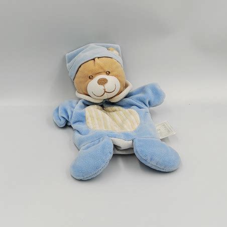 Doudou Marionnette Ours Bleu Ray Beige Mes Petits Cailloux Cmp