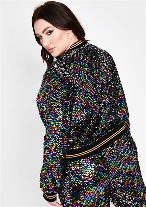 Plus Size Sequin Crop Bomber Jacket Rainbow Dolls Kill