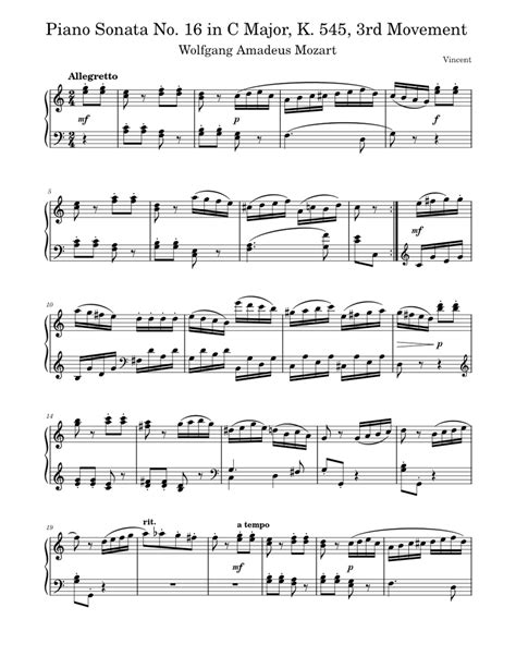 Mozart Piano Sonata No 16 In C Major K 545 3rd Movement Sheet