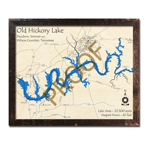 Old Hickory Lake, TN 3D Wood Map | Laser-etched Wood Charts