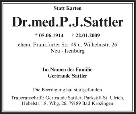 Traueranzeigen Von P J Sattler Trauer Op Online De