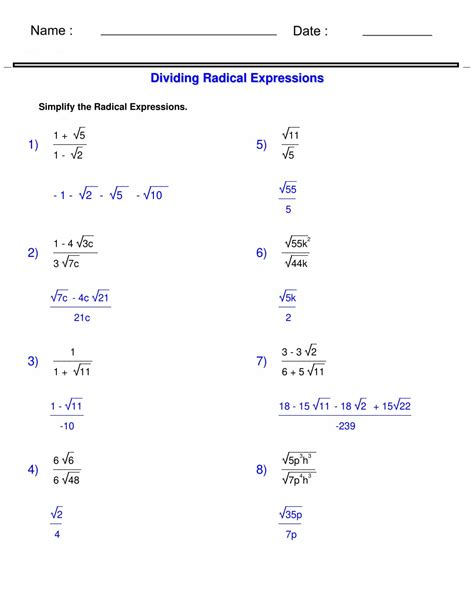 Radicals Worksheets Dividing Radical Expressions Worksheets Made By