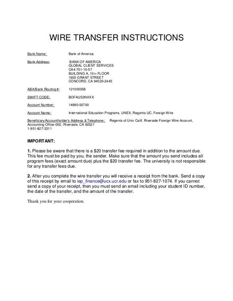 Wiring Instructions For Bank Of America