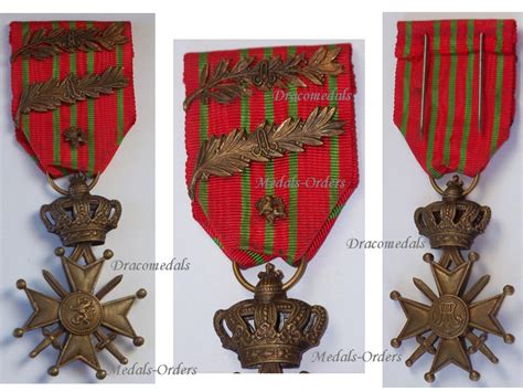 Belgium Wwi War Cross Croix De Guerre Lion 2 Palms Bronze Medal 1914