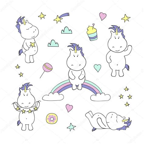 Set con lindos unicornios sobre fondo blanco Ilustración vectorial 2023