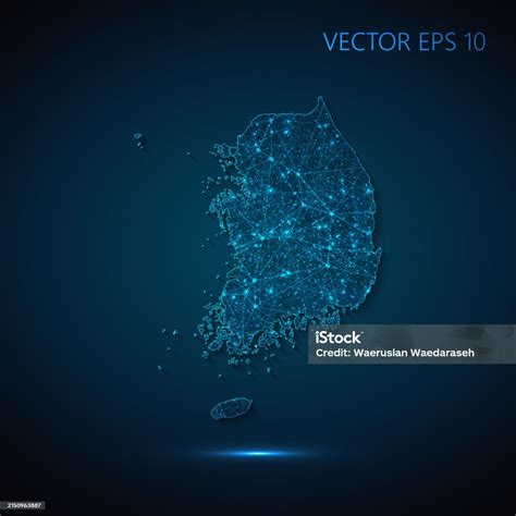 다각형 와이어프레임 메쉬와 진한 파란색 배경에 연결된 선이 있는 별이 빛나는 하늘 형태의 선과 밝은 점으로 만든 한국 지도