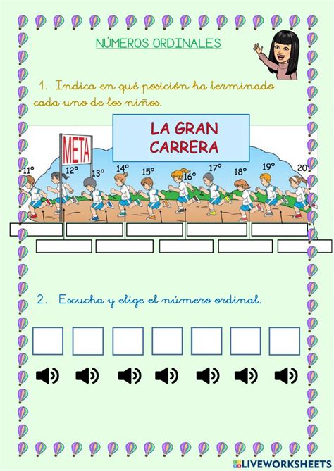 Números ordinales hasta el vigésimo worksheet