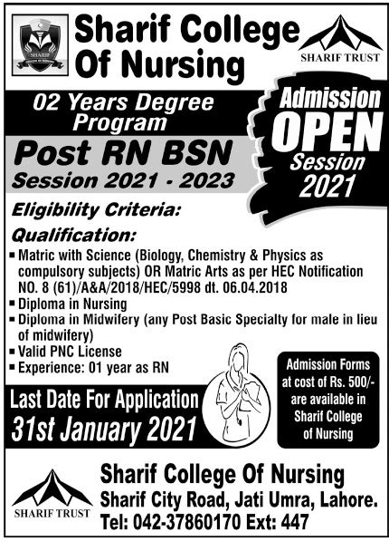 Sharif College Of Nursing Admissions In Post Rn Bsn 2024 Private