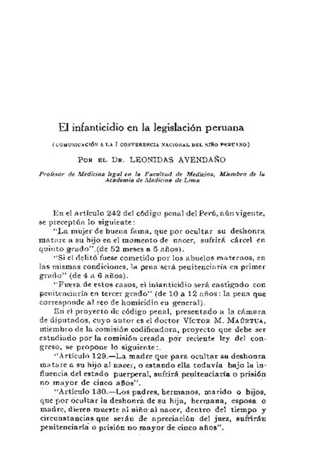 Dialnet El Infanticidio En La Legislacion Peruana Derecho