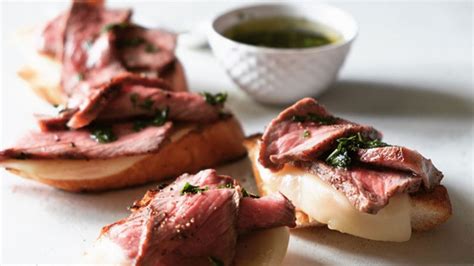 Mini Open Faced Steak Sandwiches On Garlic Bread