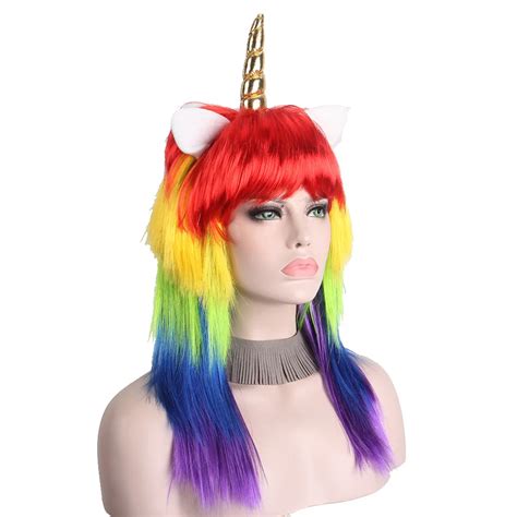 Cosplay Unicorn Wigs For Women With Bangs Synthetic Fiber Colorful Long