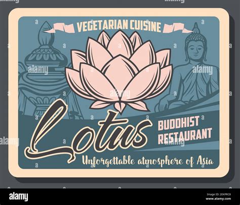 Buddhist Restaurant Of Vegetarian Cuisine Retro Poster With Vector