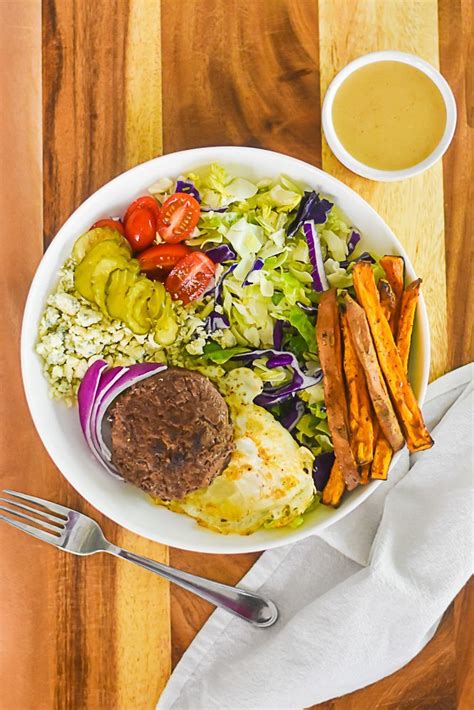 Healthy Burger Salad Bowls with Sweet Potato Fries - Dash of Jazz