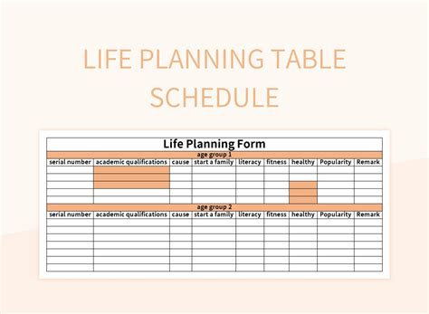 Life Planning Table Schedule Excel Template And Google Sheets File For