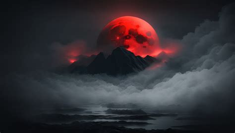 Wallpaper : ai art, Blood moon, mist, clouds, mountains, water ...
