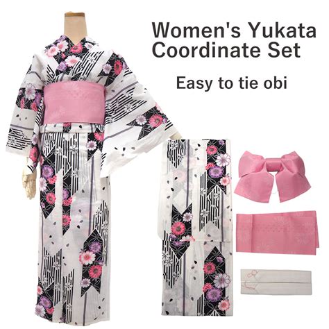 Womens Yukata Coordinate Set Of 3 For Beginners White Yukata And Pink