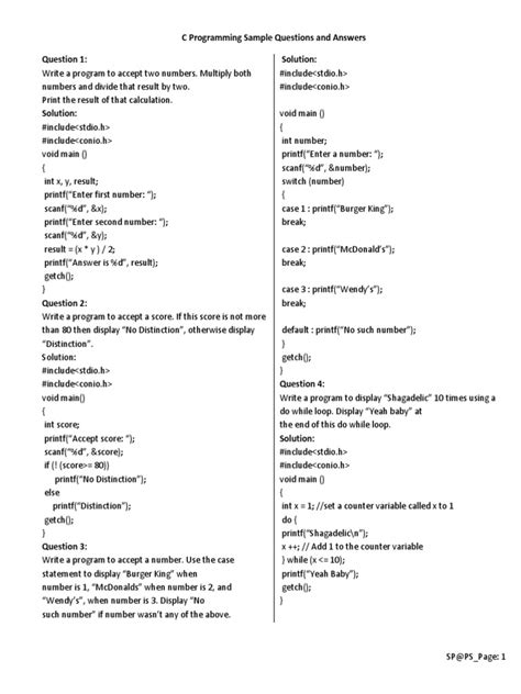 C Programming Sample Questions And Answers For Secondary Level