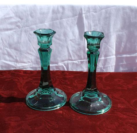 Sale Vintage Emerald Green Glass Candlestick Holders Set Of Etsy Green Glass Candlesticks