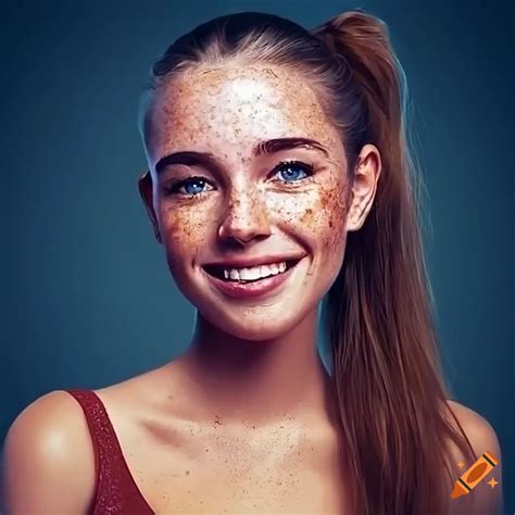 Close Up Portrait Of A Smiling Young Woman With Freckles