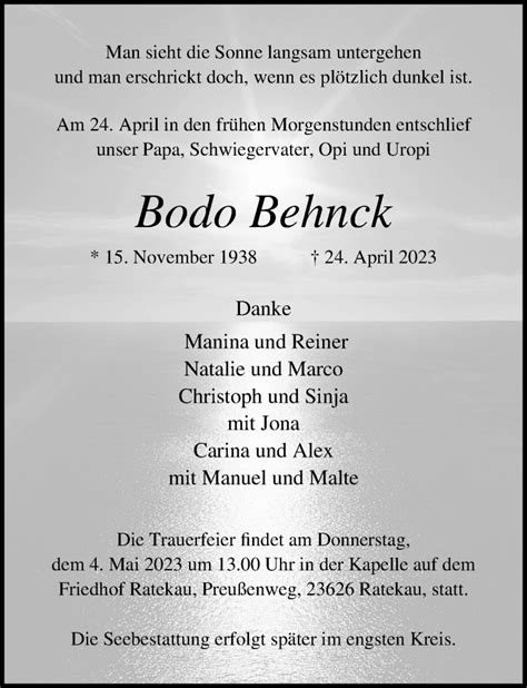 Traueranzeigen Von Bodo Behnck Trauer Anzeigen De