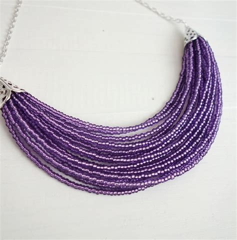 Purple Bib Necklace Seed Bead Layered Jewelry Purple Statement Necklace