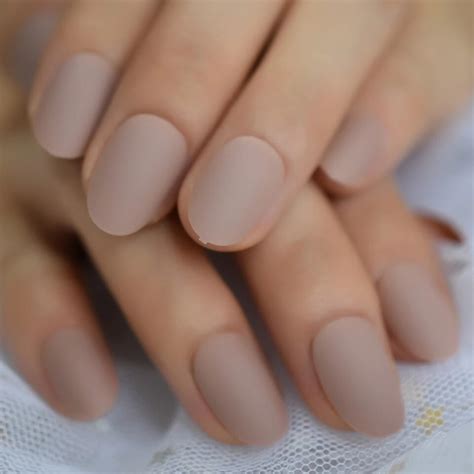 24 Short Press On Nail Kit W Glue Matte Tan Nude Greige Natural Oval