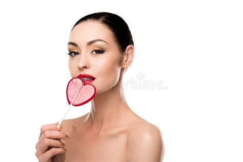 Naked Woman Licking Red Heart Shaped Lollipop I Stock Photo Image Of Beauty People 96734446