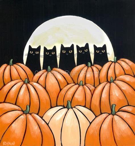 Cats In The Halloween Pumpkin Patch Original Cat Folk Art Acrylic