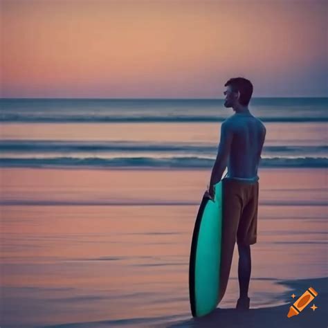 Young Man On The Beach With A Surfboard On Craiyon